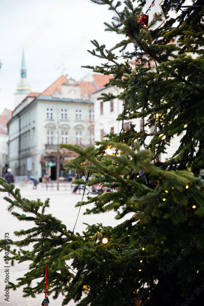 Blurred lights on Christmas tree, Main  Square, Bratislava. Traditional Christmas atmosphere. Old times feeling. Christmas in Europe. 