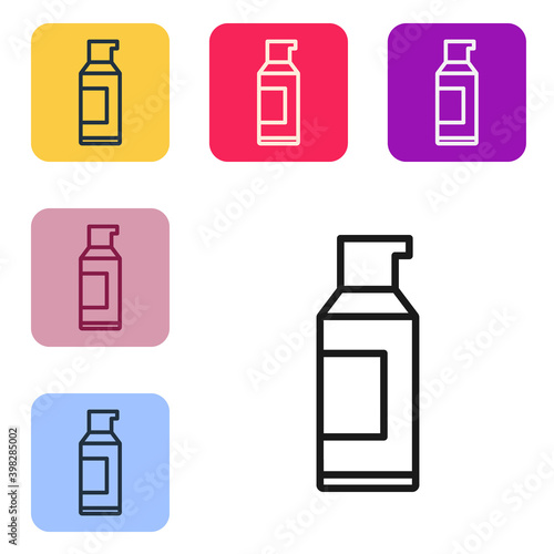 Black line Spray can for hairspray, deodorant, antiperspirant icon isolated on white background. Set icons in color square buttons. Vector.