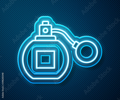 Glowing neon line Perfume icon isolated on blue background. Vector.