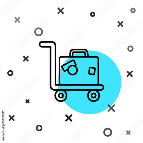 Black line Hotel luggage cart with suitcase icon isolated on white background. Traveling baggage sign. Travel luggage icon. Random dynamic shapes. Vector.
