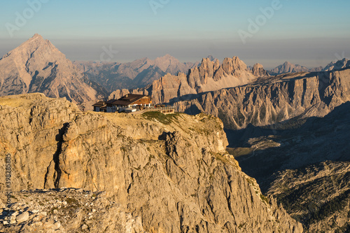Lagazuoi Hut in the top of a mountain in Dolomites, Italy. Famous european destination for hiking