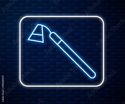 Glowing neon line Garden hoe icon isolated on brick wall background. Tool for horticulture, agriculture, farming. Vector.