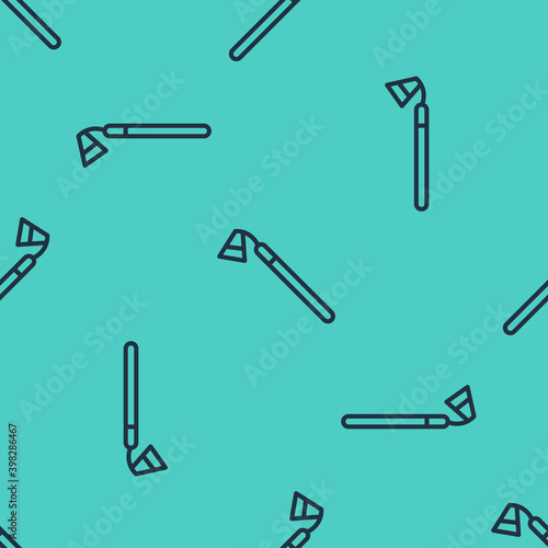 Black line Garden hoe icon isolated seamless pattern on green background. Tool for horticulture, agriculture, farming. Vector.