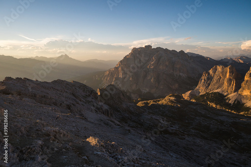 Beautiful scenic views of rocks and shadows at sunset in the Dolomites. Gorgeous stunning mountains in the golden hour. Italy