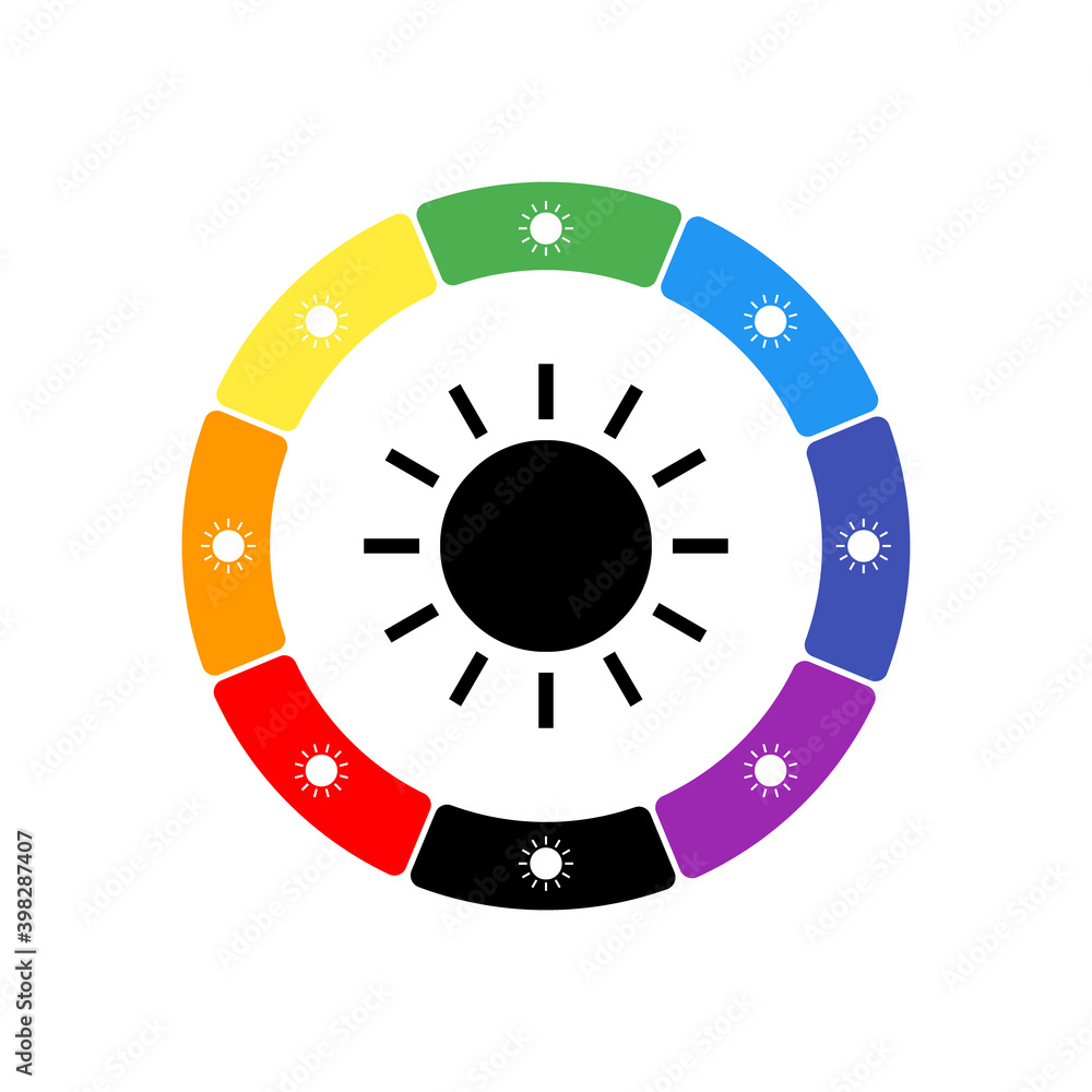 A large black sun in the center, surrounded by eight white symbols on a colored background. Background of seven rainbow colors and black. Vector illustration on white background A large black sun in the center, surrounded by eight white symbols on a colored background. Background of seven rainbow colors and black. Vector illustration on white background