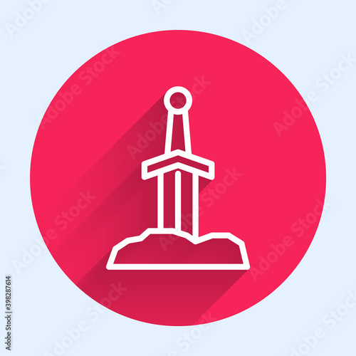 White line Sword in the stone icon isolated with long shadow. Excalibur the sword in the stone from the Arthurian legends. Red circle button. Vector.