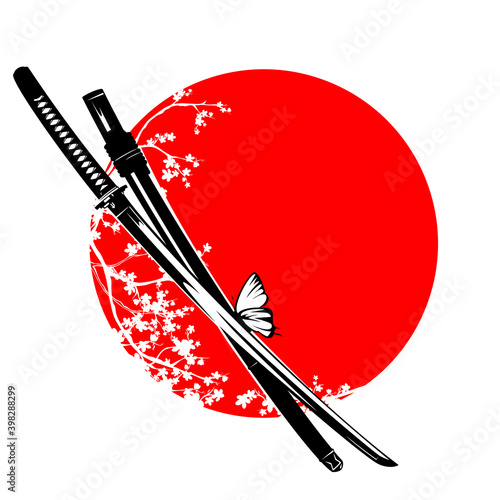 Photo japanese samurai katana sword with butterfly and sakura tree blossom against red
