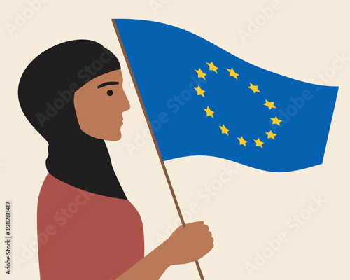 Islamic woman migrant with eu flag isolated as migration concept, patriotic flat vector stock illustration with citizen