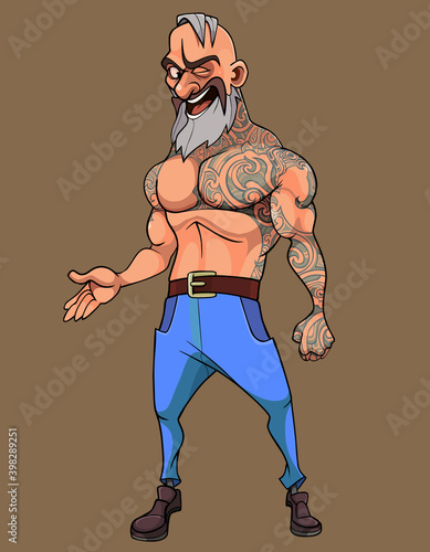 cartoon joyful bearded muscular man with tattooed body