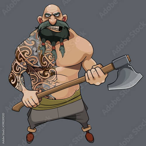 cartoon menacing muscular man in tattoos with an ax in his hands