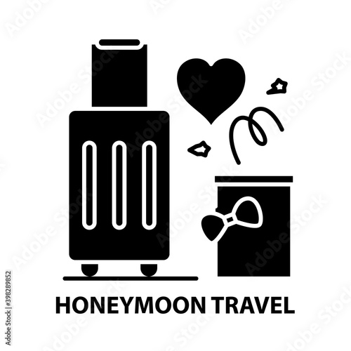honeymoon travel icon, black vector sign with editable strokes, concept illustration
