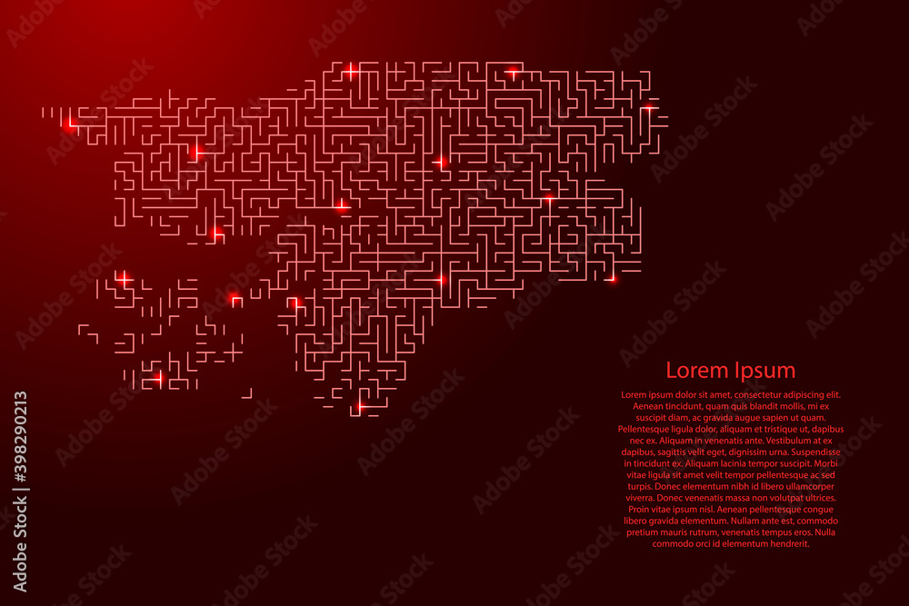 Guinea Bissau map from red pattern of the maze grid and glowing space stars grid. Vector illustration.