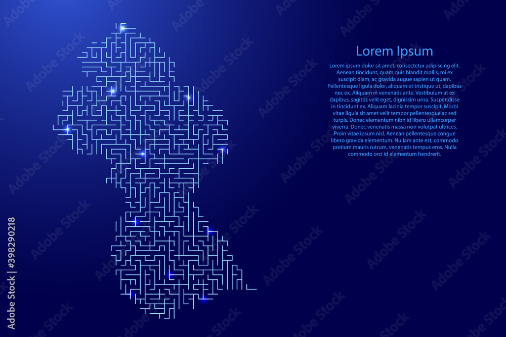 Guyana map from blue pattern of the maze grid and glowing space stars grid. Vector illustration.