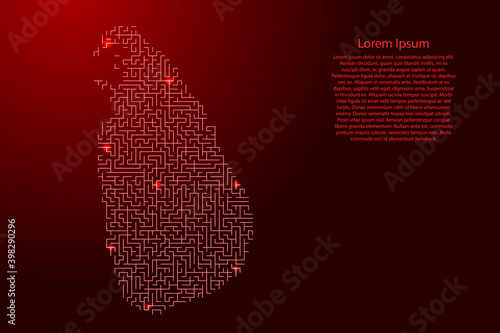 Sri Lanka map from red pattern of the maze grid and glowing space stars grid. Vector illustration.