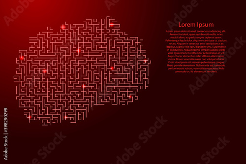 North Macedonia map from red pattern of the maze grid and glowing space stars grid. Vector illustration. © elenvd