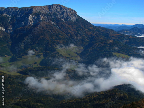 Clouds in the valley between Rax and Schneealpe in Lower Austria, Europe 