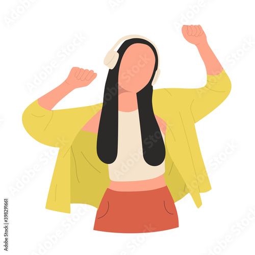 Dancing girl with headphones. A joyful girl dances to the music, hands up. Flat illustration, no face