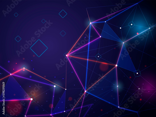 Dark abstract background with luminous neon triangles, modern bright background.