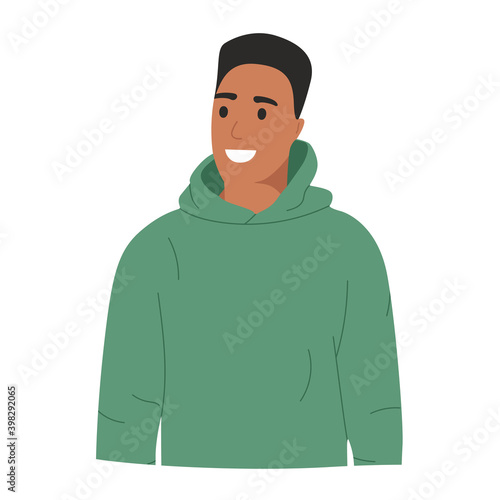 A young dark-skinned guy looks to the side near him, a look to the side with a smile. Mockup for advertising, space for text, copy space, isolated on white background, portrait