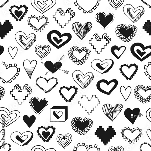 Pattern with hand drawn hearts. Doodle style. Design element for St. Valentine Day, wedding, romantic event, fabric swatch. Black and white vector illustration.