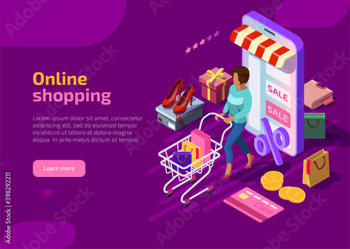 Isometric online shopping concept on violet background, woman with shop cart buy gifts in marketplaces. Sales discount in internet store, ecommerce retail on device. Landing web page for mobile app.