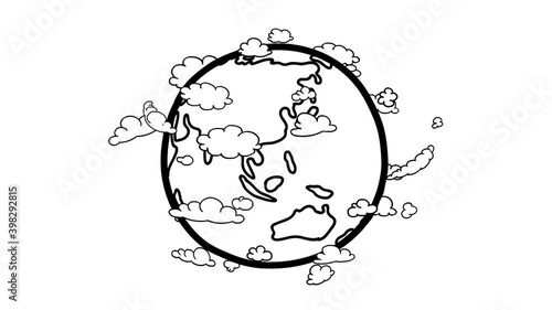 Earth doodle crazy cartoon with clouds black and white version. Fully hand drawn, dynamic animation on white background for any use. Good for whiteboard, explainer, education video. Seamless loop.
