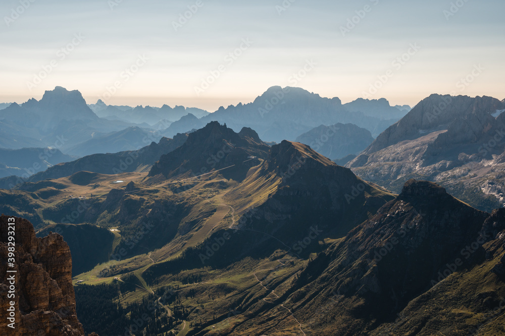 Beautiful stunning views of the Alps seen from Passo Pordoi andto Piz Boe hike in Dolomites, Italy