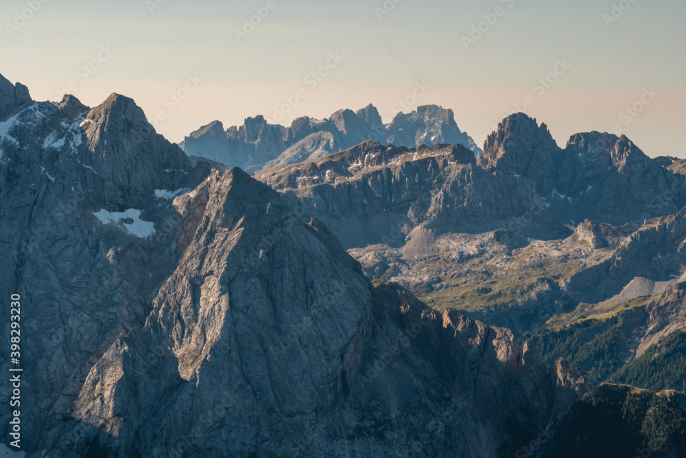 Beautiful stunning views of the Alps seen from Passo Pordoi andto Piz Boe hike in Dolomites, Italy
