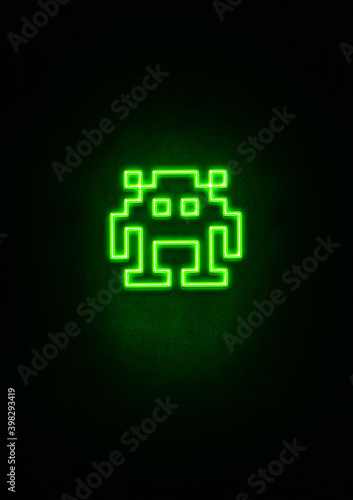 Tableau sur toile Green space invader neon sign