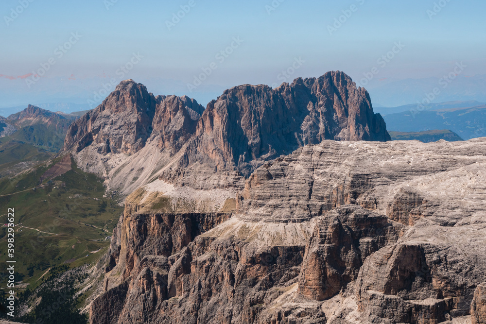 Obraz premium Beautiful stunning views of the Alps seen from Passo Pordoi andto Piz Boe hike in Dolomites, Italy
