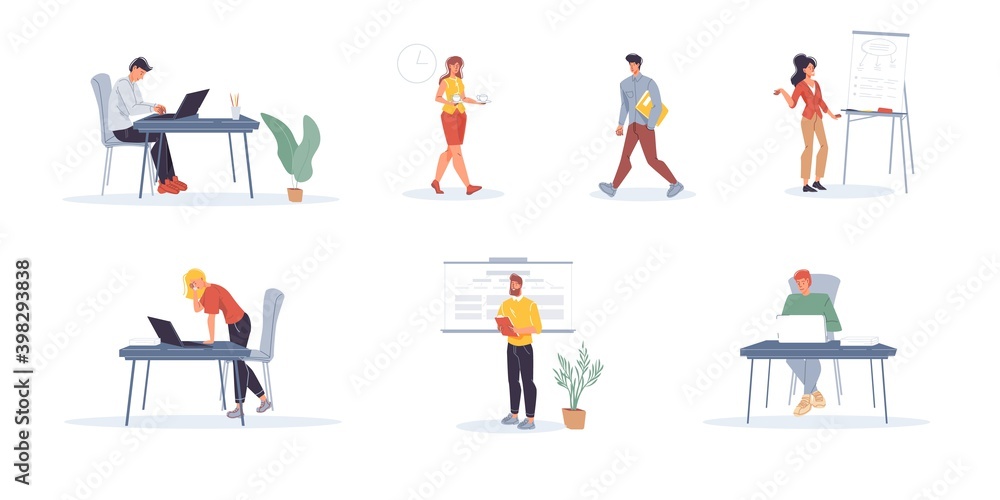 Set of cartoon flat characters office workers,busy employees,freelancers doing business and various things at home or office workplace. Workflow of business and self-employed people concept