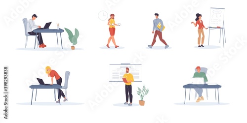 Set of cartoon flat characters office workers,busy employees,freelancers doing business and various things at home or office workplace. Workflow of business and self-employed people concept