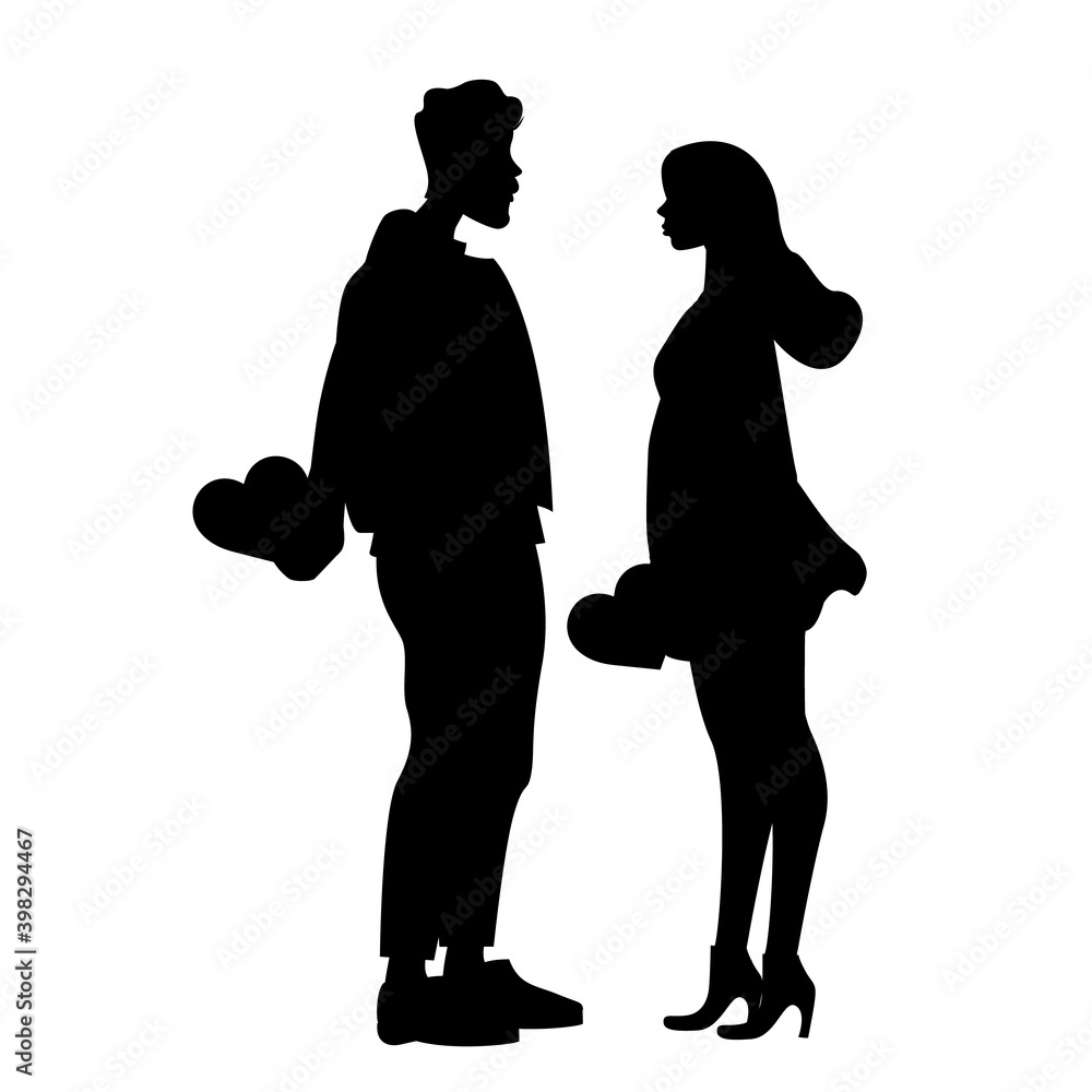 silhouettes of couple holding hearts isolated on white, vector illustration