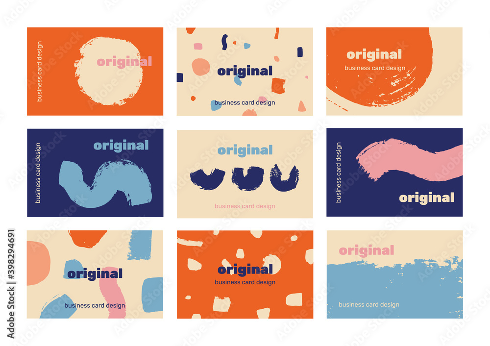 Vector set of 9 business card templates with artistic shapes design