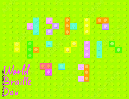 world braille day. in the style of a toy constructor for children with convex parts on a green background.
