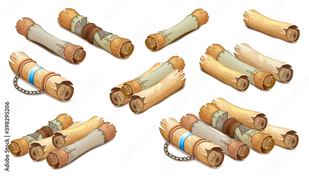 Royal scroll decorated with leather belt and silver elements. Reward message on parchment. Isometric vector illustration for computer games and books design. Royal scroll decorated with leather belt and silver elements. Reward message on parchment. Isometric vector illustration for computer games and books design.