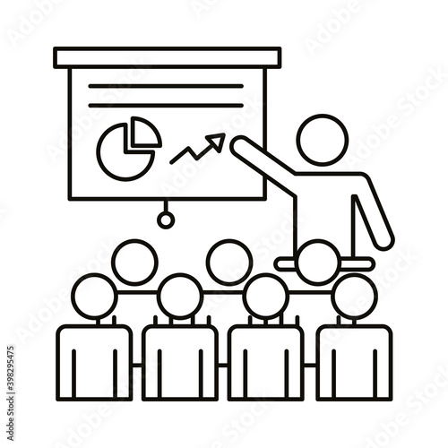 group of workers training with paperboard and statistics coworking line style