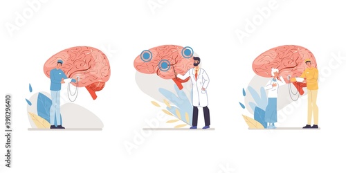 Cartoon flat doctor characters in uniforms,lab coats with medical devices and symbols-brain desease treatment and therapy concept