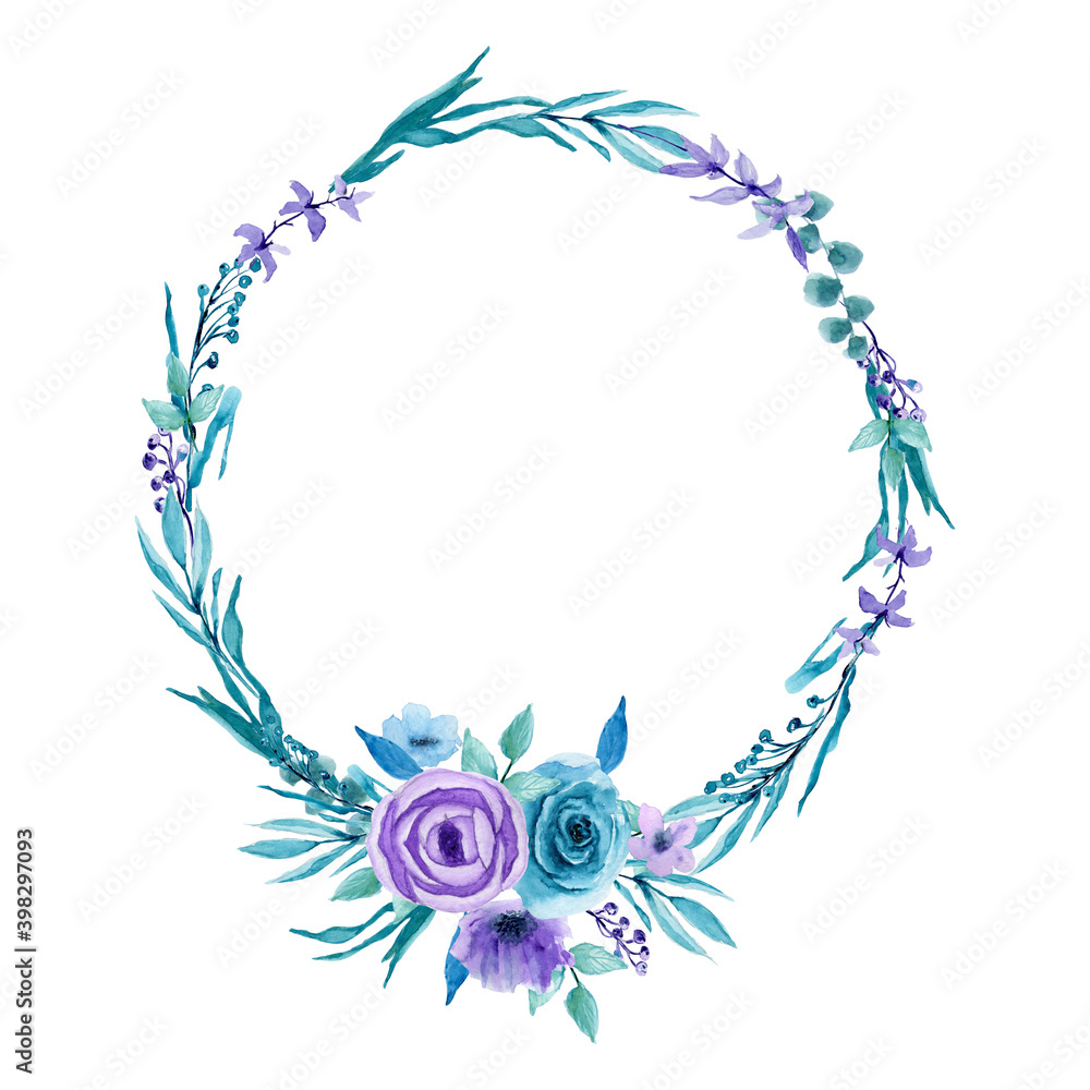 Watercolor turquose circle wreath. Pastel purple, pink floral ...
