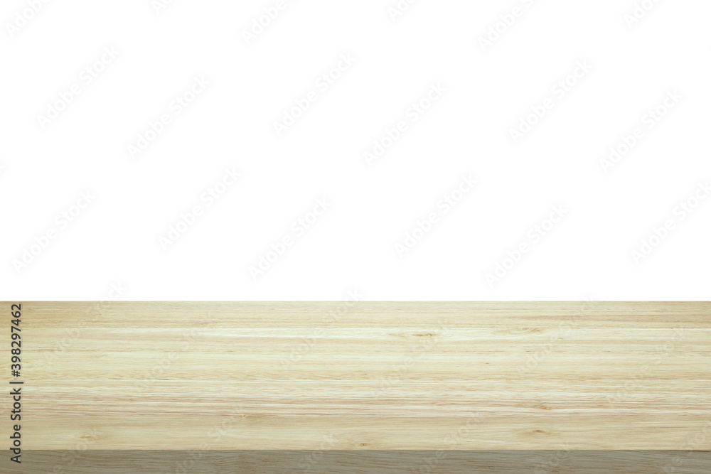 Empty wooden table top isolated on white background for product display montage Empty wooden table top isolated on white background for product display montage