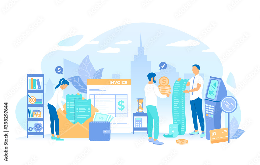 Man pays the bill. Invoicing and payment. Online paying, bookkeeping, accounting, shopping, banking. Working process, teamwork communication. Vector illustration flat style. Man pays the bill. Invoicing and payment. Online paying, bookkeeping, accounting, shopping, banking. Working process, teamwork communication. Vector illustration flat style.