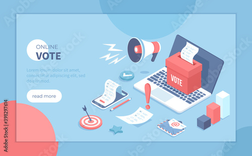 Online Voting. E-voting, election internet service, online choice.  Ballot box with blank on laptop screen. Voting ballot on the phone screen. Isometric vector illustration for banner, website. 