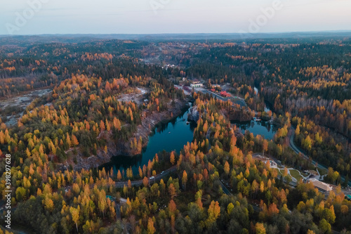 Aerial view of natural park Ruskeala in Karelia, golden autumn with colourful trees in Russia