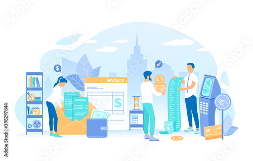 Man pays the bill. Invoicing and payment. Online paying, bookkeeping, accounting, shopping, banking. Working process, teamwork communication. Vector illustration flat style.