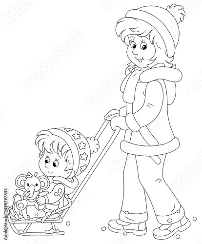 Young cute mom sledding a h...