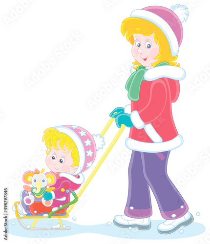 Young cute mom sledding a h...