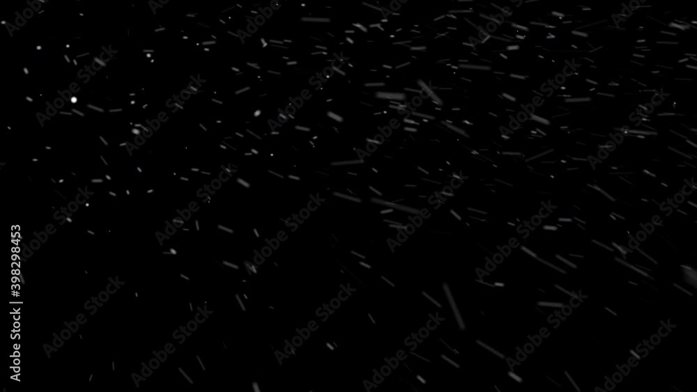 Fast realistic snow storm animation with strong wind on black background, CGI