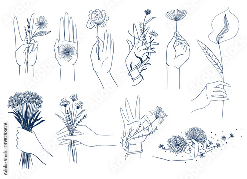 Set of elegant female hands with flowers