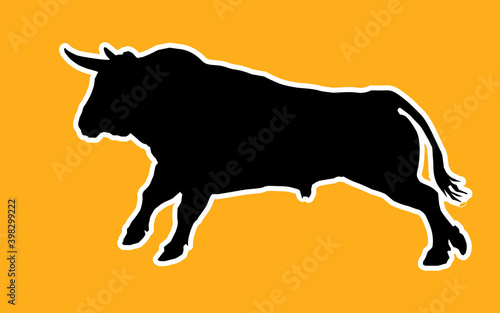black silhouette of a running bull on an orange background for stickers and decoration 