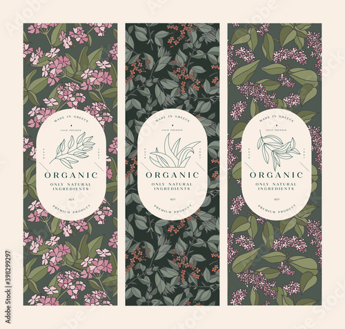Vector set vintage pattens for cosmetics with label template design. Seamless patterns or wrapping paper for package and beauty salons.